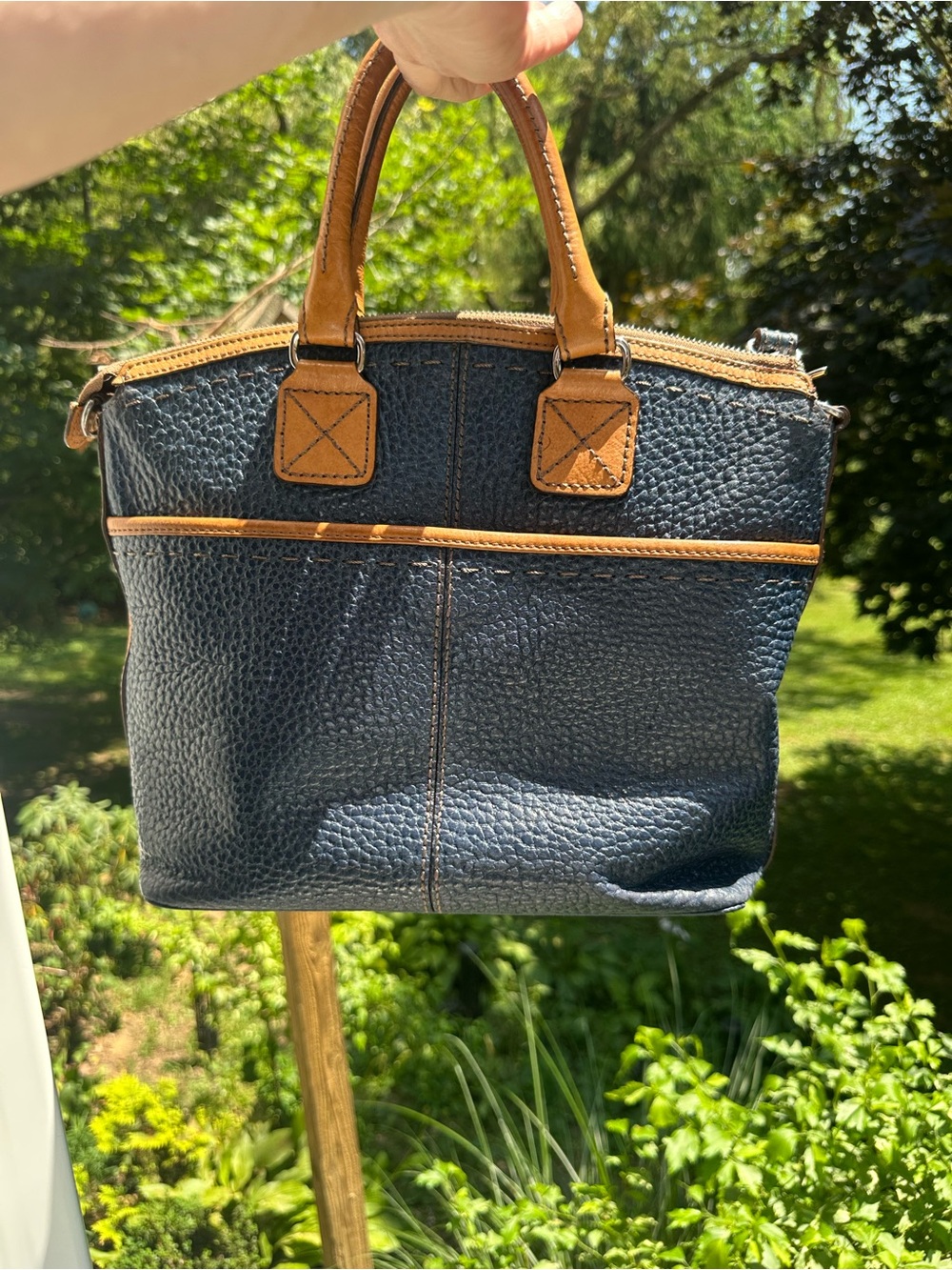 Brighton Navy Blue pebbled leather with Tan Leather Patch Tote - Picture 9 of 15